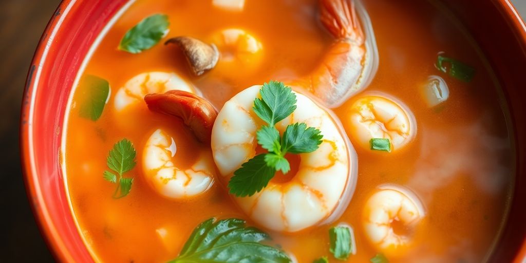 ต้มยำกุ้งน้ำข้นพร้อมกุ้งสดและผักชี