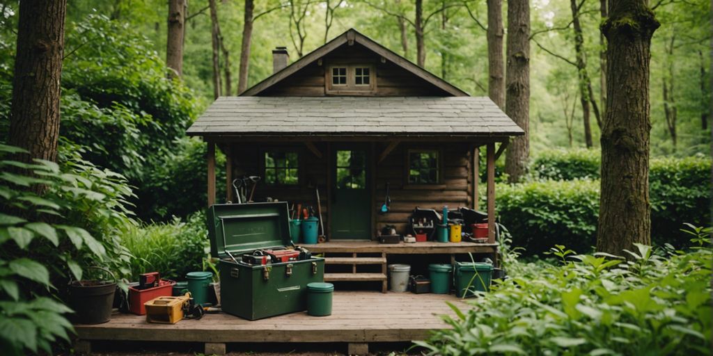 Cozy cabin in Broken Bow with toolbox and maintenance tools, highlighting effective local resource utilization for maintenance.