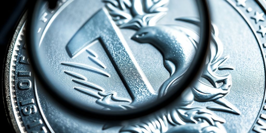 Pièce d'argent brillant et loupe examinant sa surface.