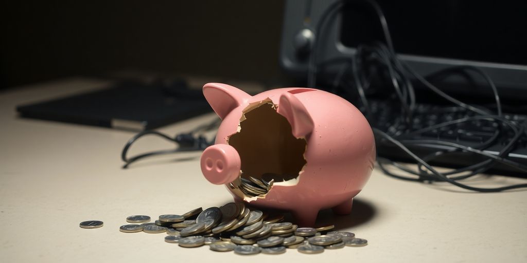 Broken piggy bank, spilling coins, beside a computer.