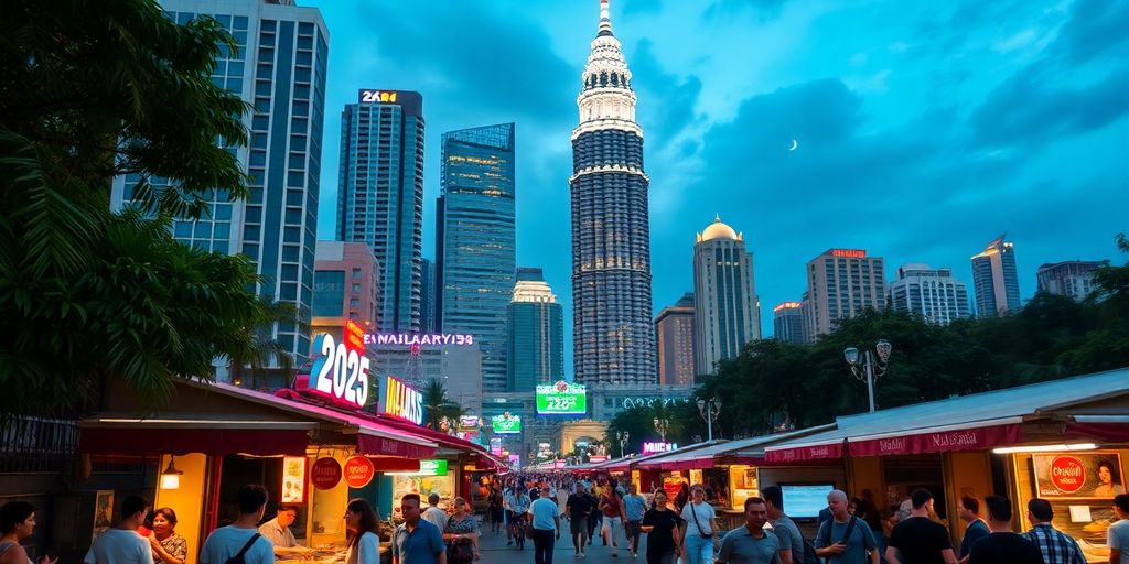 Vibrant skyline of Malaysia with colorful city life.