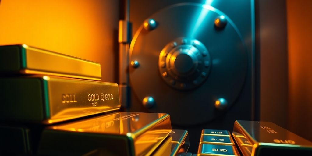 Barres d’or brillantes dans un coffre-fort métallique avec serrure complexe