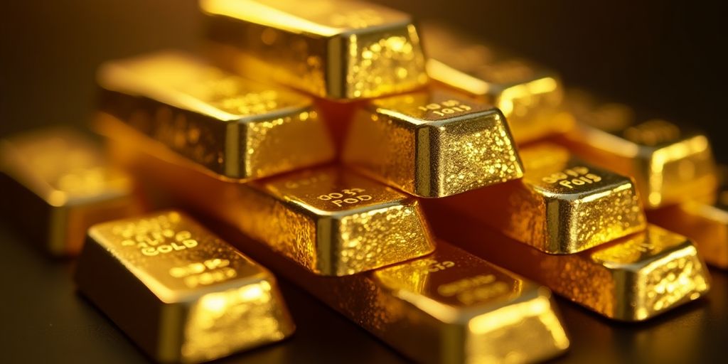 Des lingots d'or brillants empilés sur fond sombre.