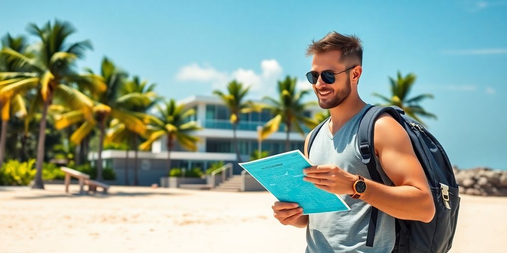 Tourist looking at map, clinic in background