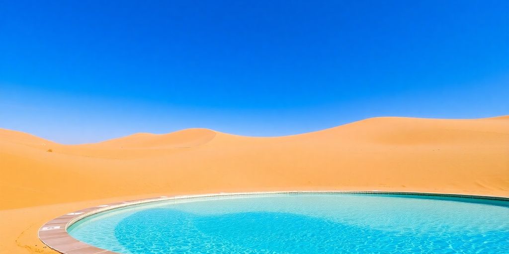 Swimming pool surrounded by desert landscape and blue sky.