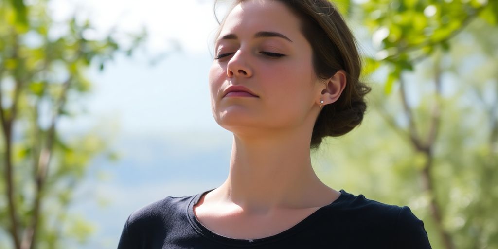 Person calmly breathing deeply in a serene natural setting.