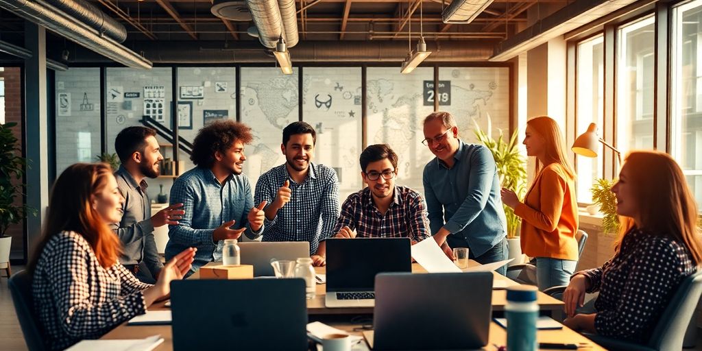 Entrepreneurs collaborating in a modern office setting.