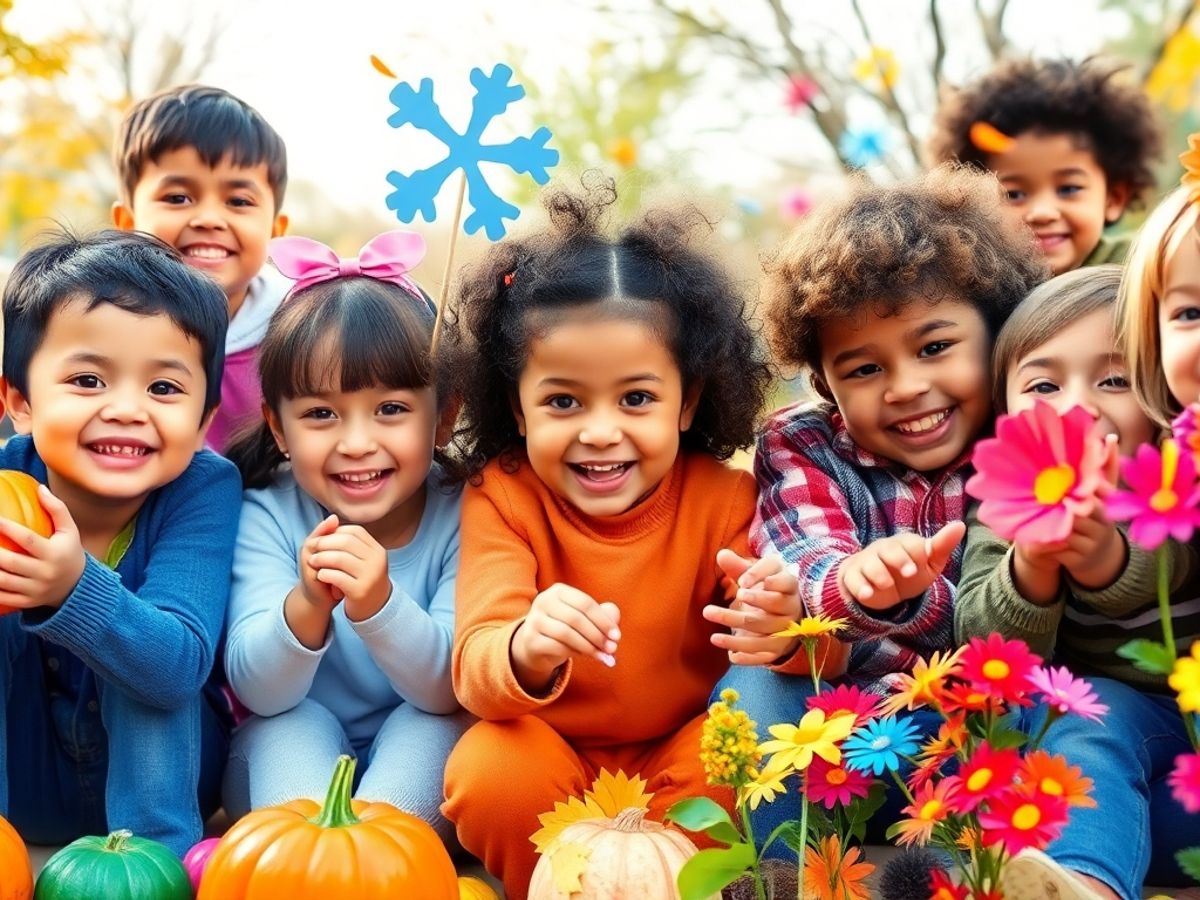 Children playing seasonal games outdoors with colorful props.
