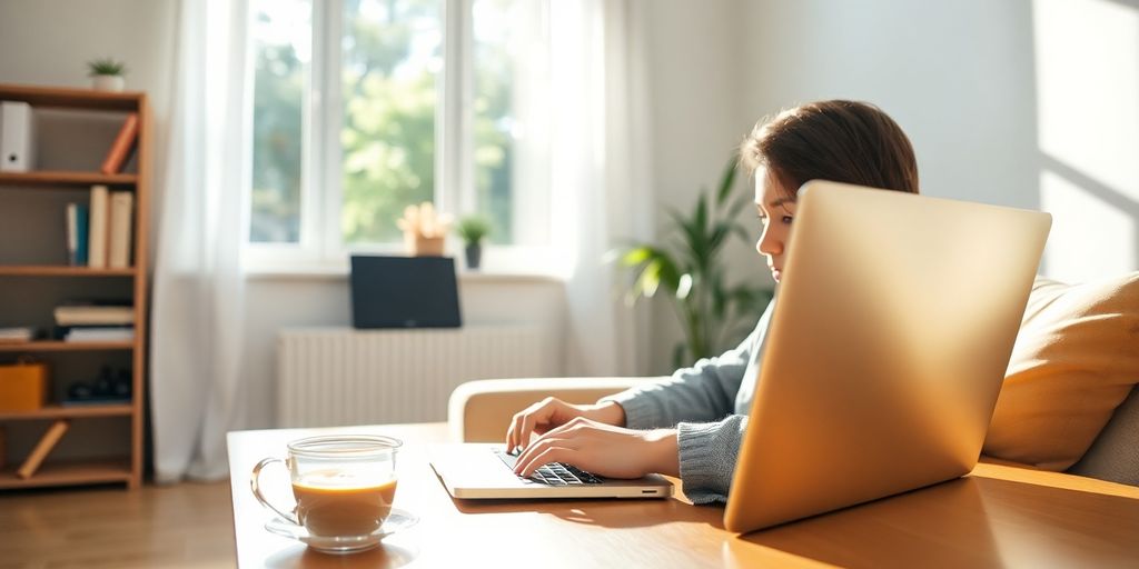 Person working on laptop at home.