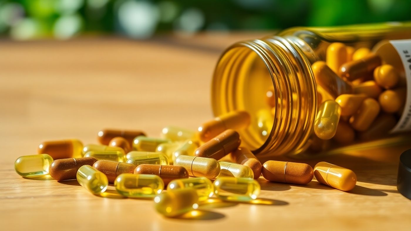 CBD capsules spilling from a bottle on a wooden table.