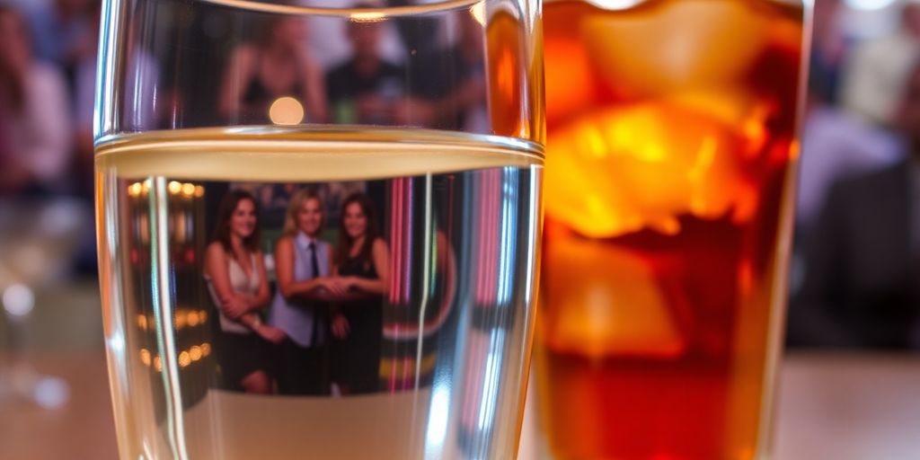 Glass of water beside an alcoholic drink on table.