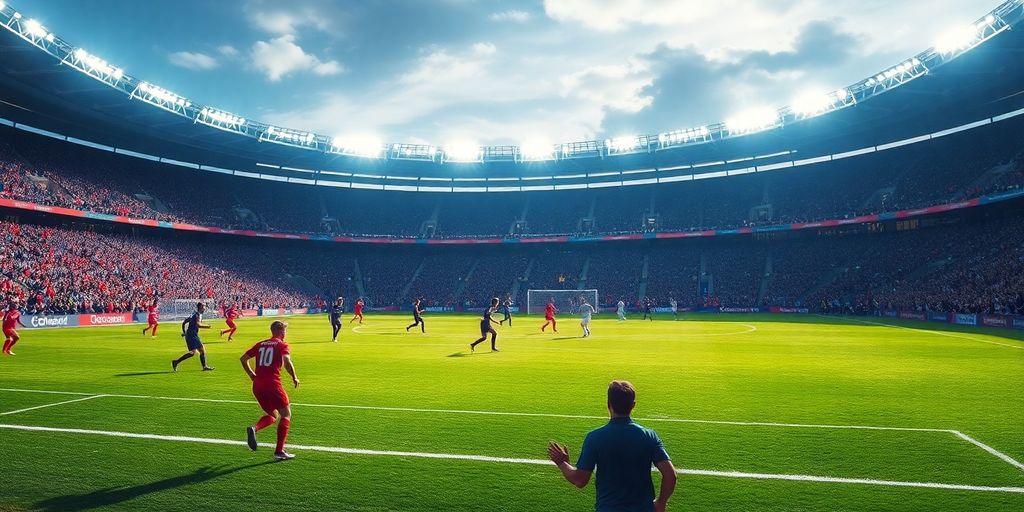 ภาพทีมฟุตบอลหลายทีมแข่งขันในสนาม