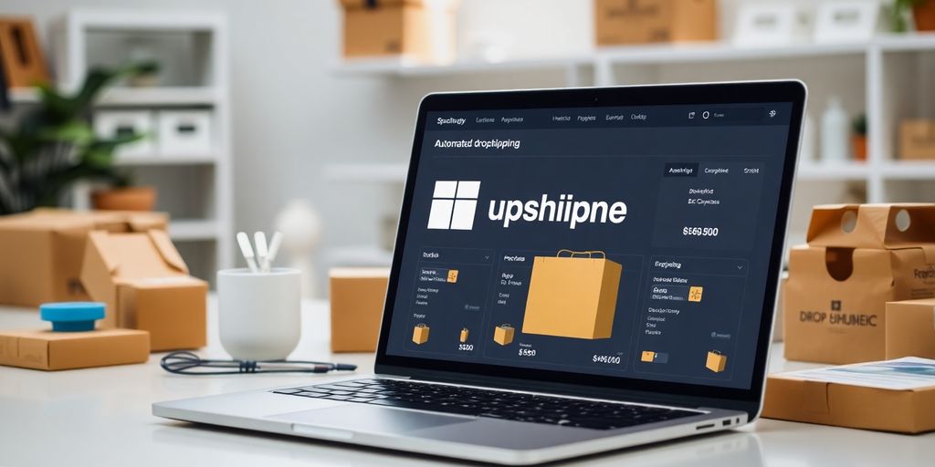 E-commerce workspace with laptop and dropshipping products.