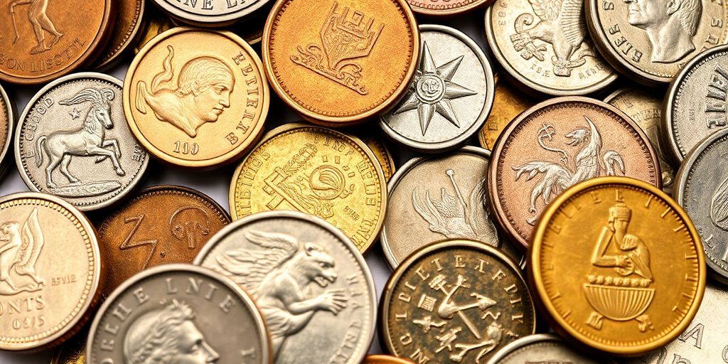 Collection of diverse coins on a neutral background.