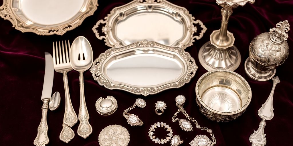 Collection of silver and silver-plated items on display.