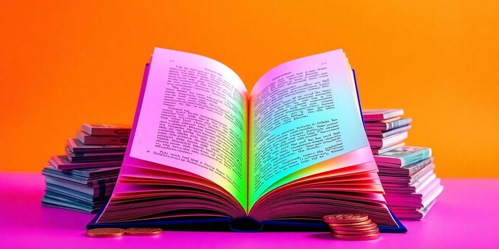 Open e-book with money and coins around it.