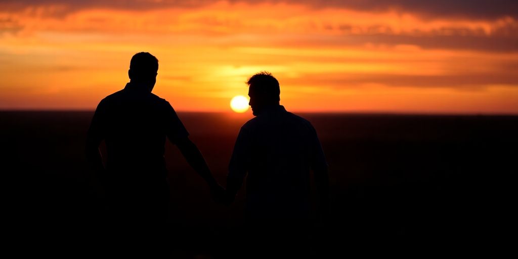 Two men holding hands in silhouette against a sunset.