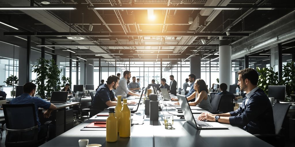 Professionals collaborating in a bright, modern office setting.