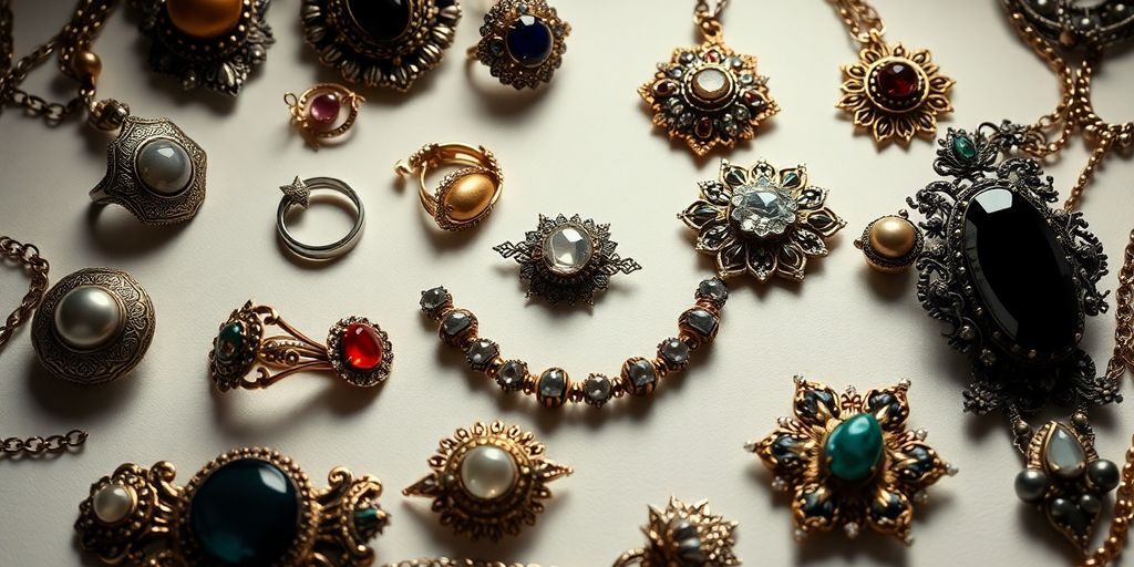Collection de bijoux vintage et antiques en détail.