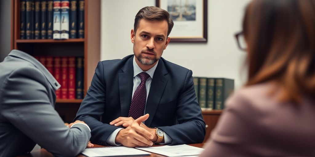 A lawyer consulting with a client in an office.
