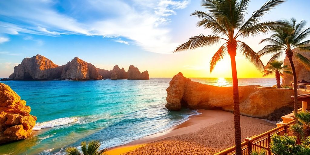 Coastal view of Cabo San Lucas at sunset.