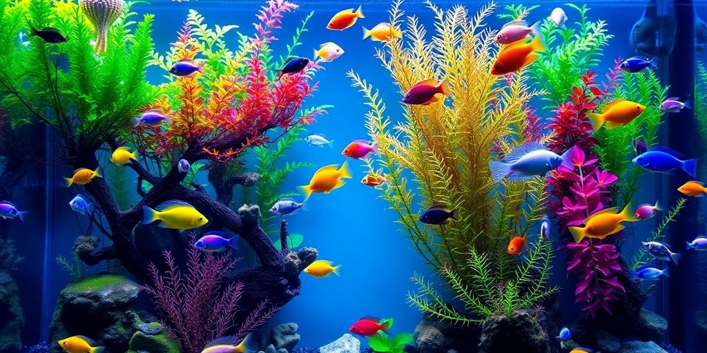 Peces coloridos nadando en un acuario bellamente diseñado.