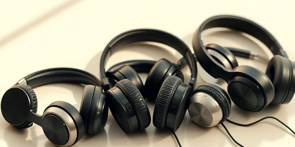 Verschiedene erschwingliche Kopfhörer auf einem Tisch.