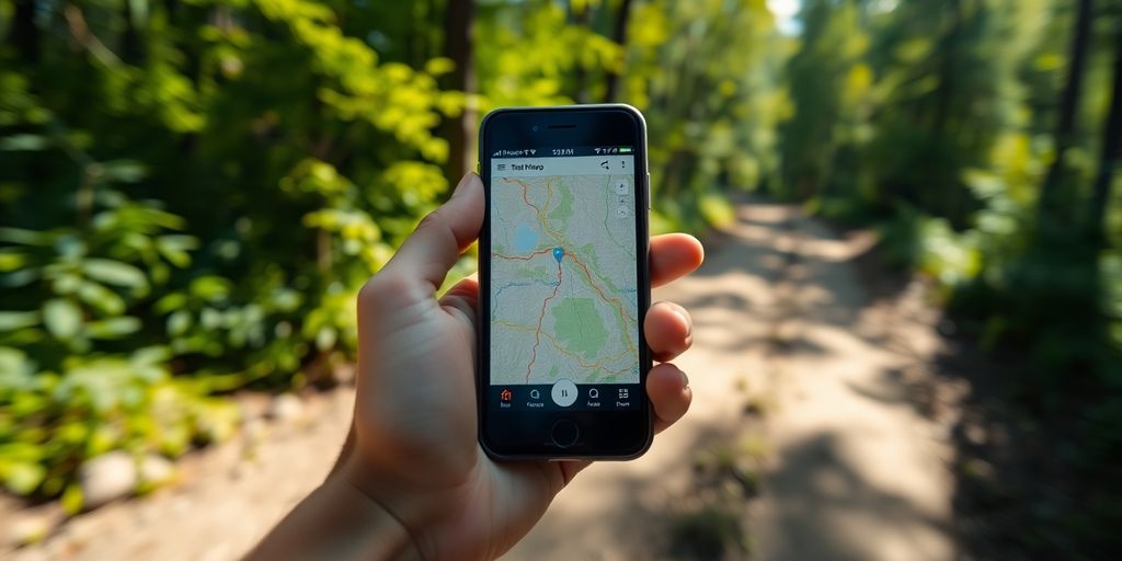 Hiker navigating a mountain trail with a digital map.