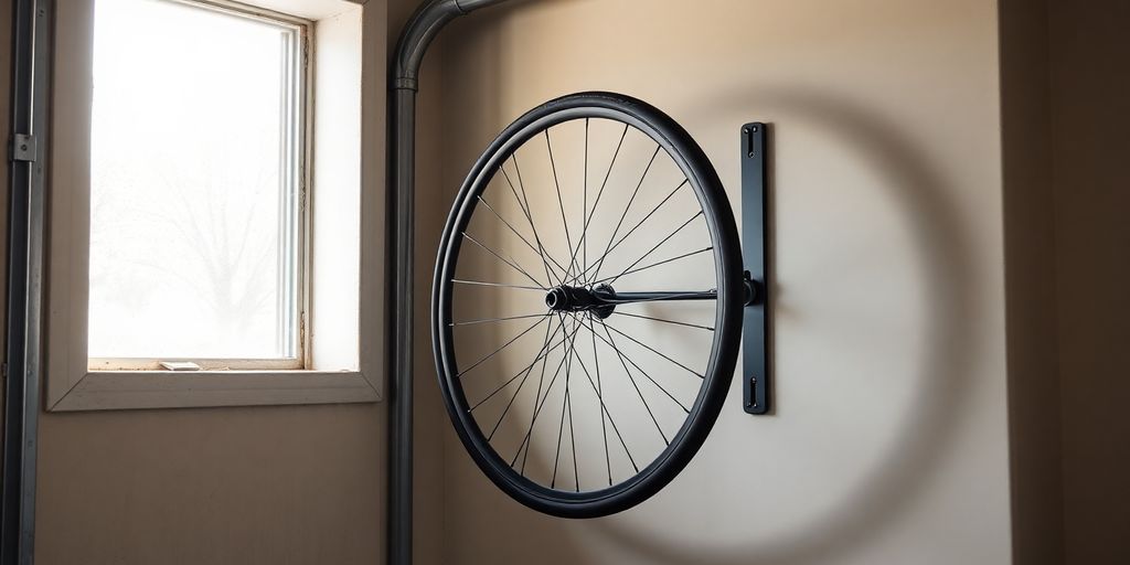 Bike wheel mounted on garage wall, close-up.