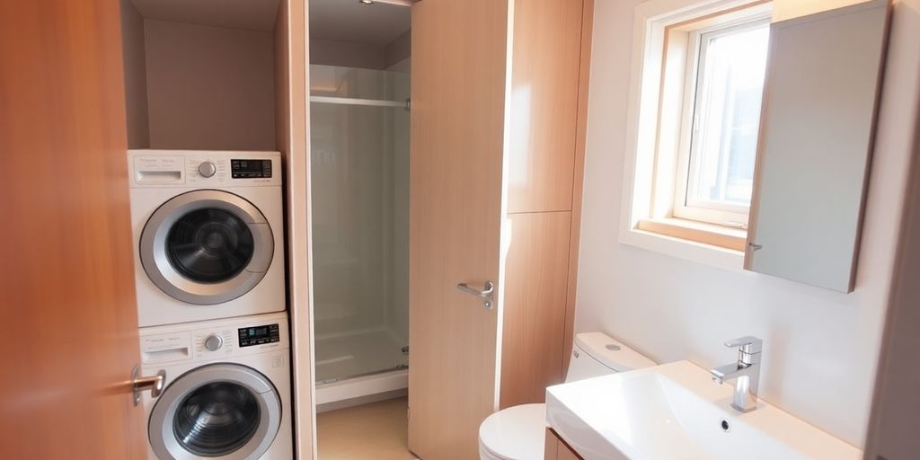 Modern bathroom, laundry appliances, smart home.