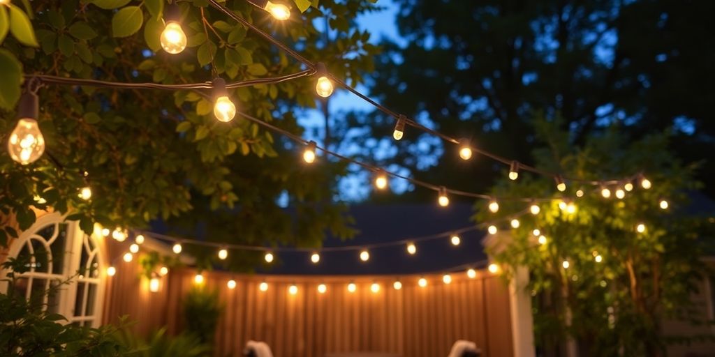 Cozy outdoor space with glowing string lights at dusk.
