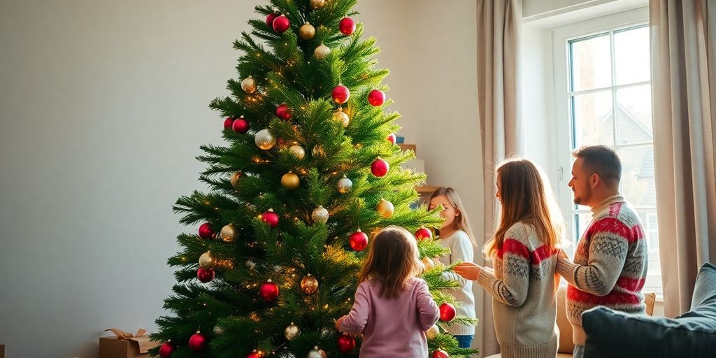 Familie schmückt großen Weihnachtsbaum