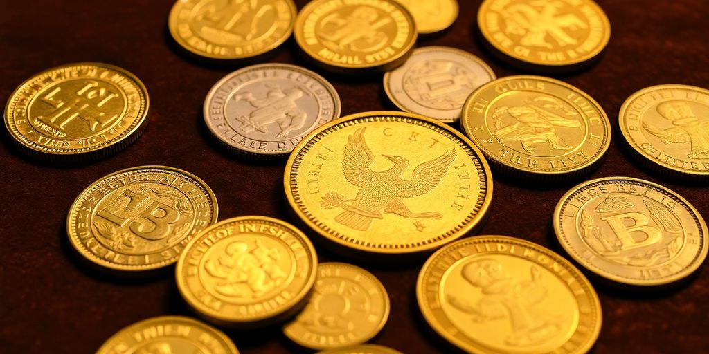 Collection de pièces d'or sur un tissu en velours.