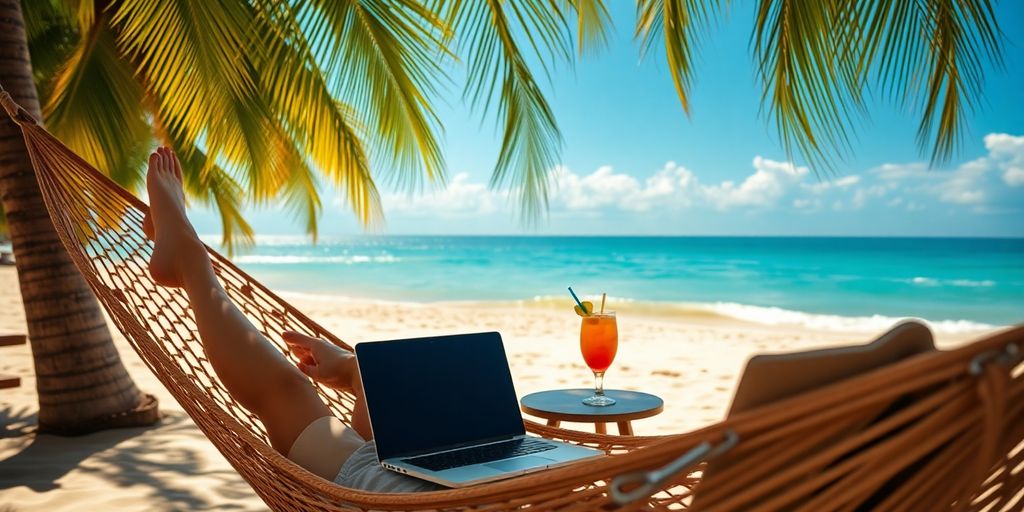 Person relaxing on beach, laptop near, tropical drink.