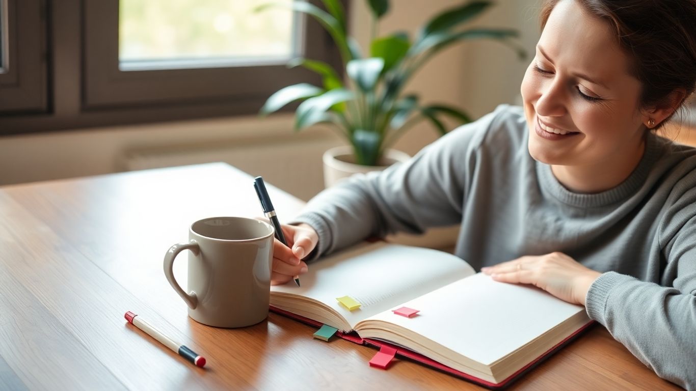 Smiling person writing in workbook at desk with morning sunlight.