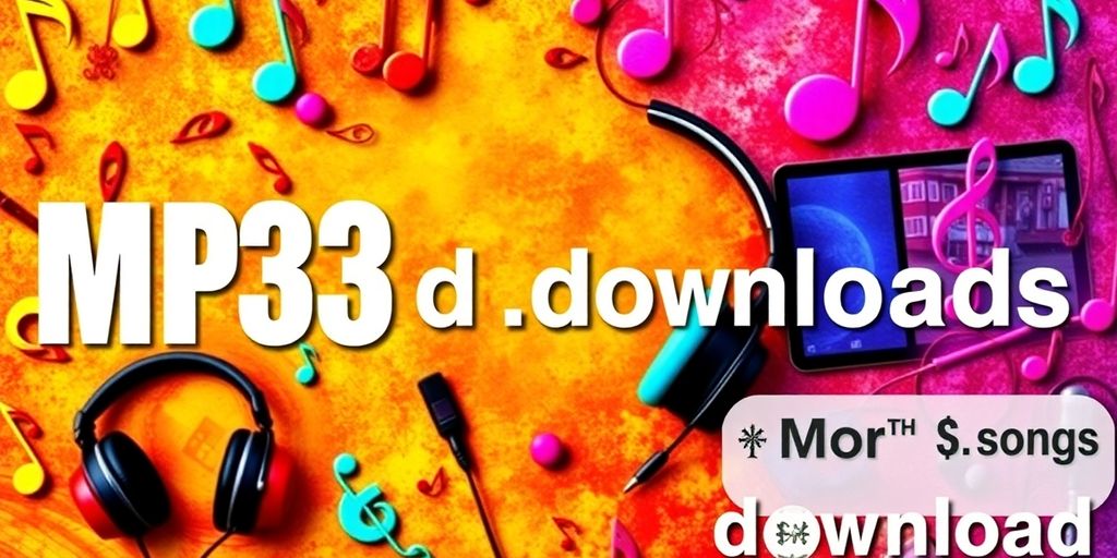 Collage of music notes and headphones for MP3 downloads.