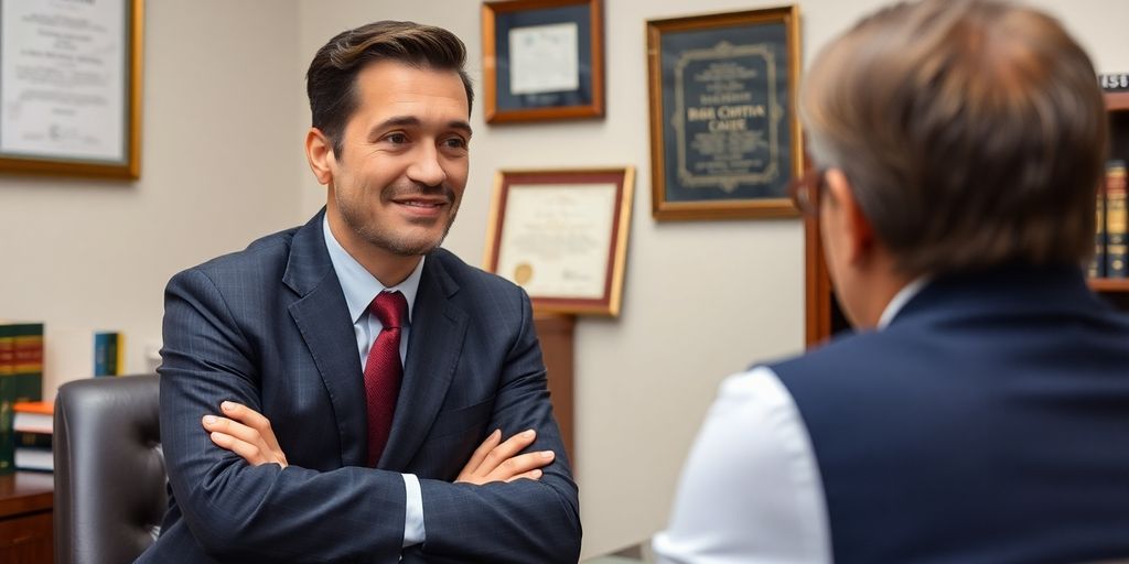 Lawyer consulting with a client in an office setting.