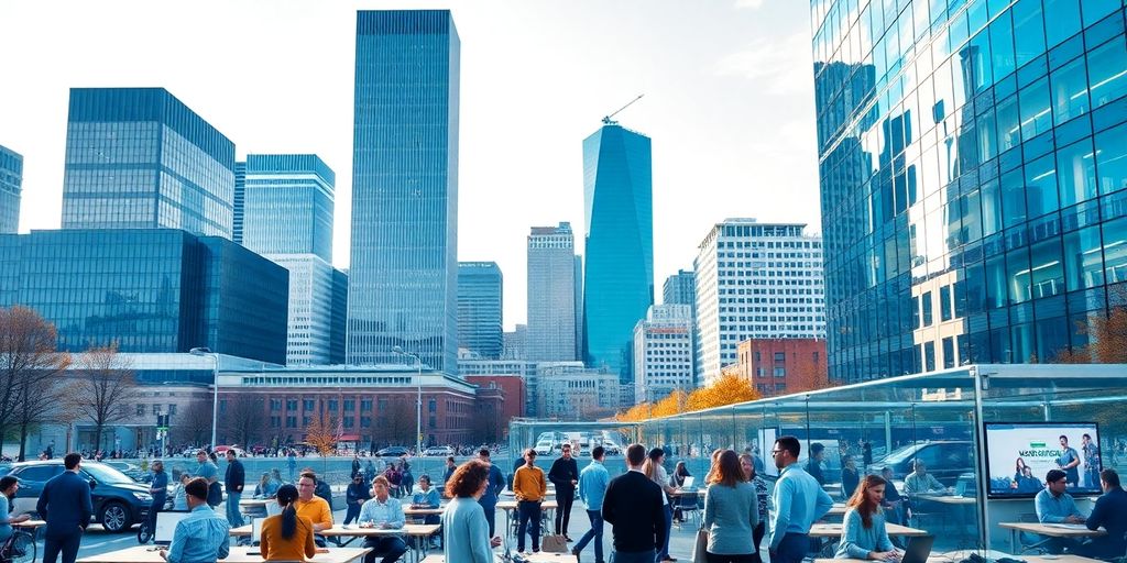 Boston skyline with modern office buildings and startups.