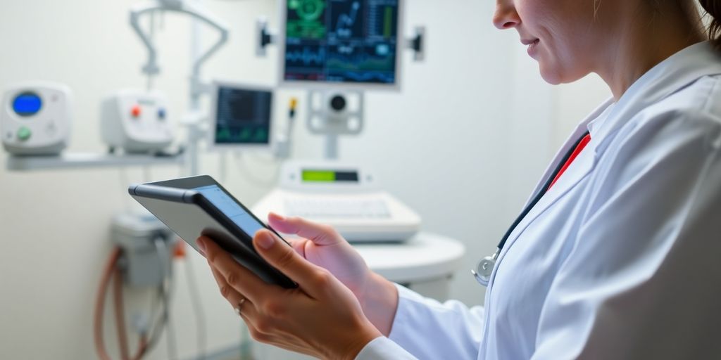 Healthcare professional using a tablet in a clinic.
