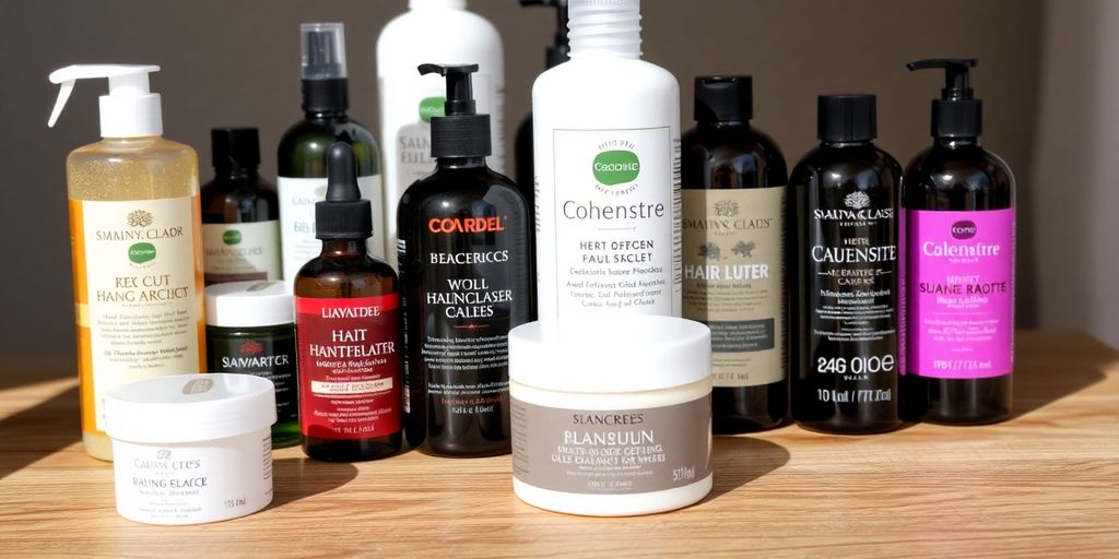 Hair care products for mixed hair on a wooden surface.
