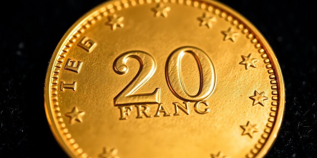 Pièce Napoléon 20 Francs dorée sur fond sombre.