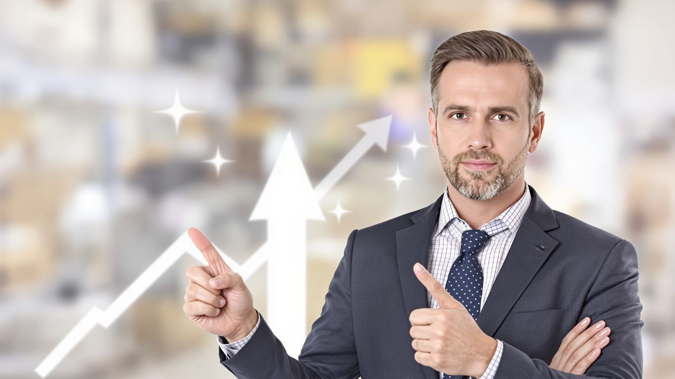 Analyst points up, growth arrow pierces background.