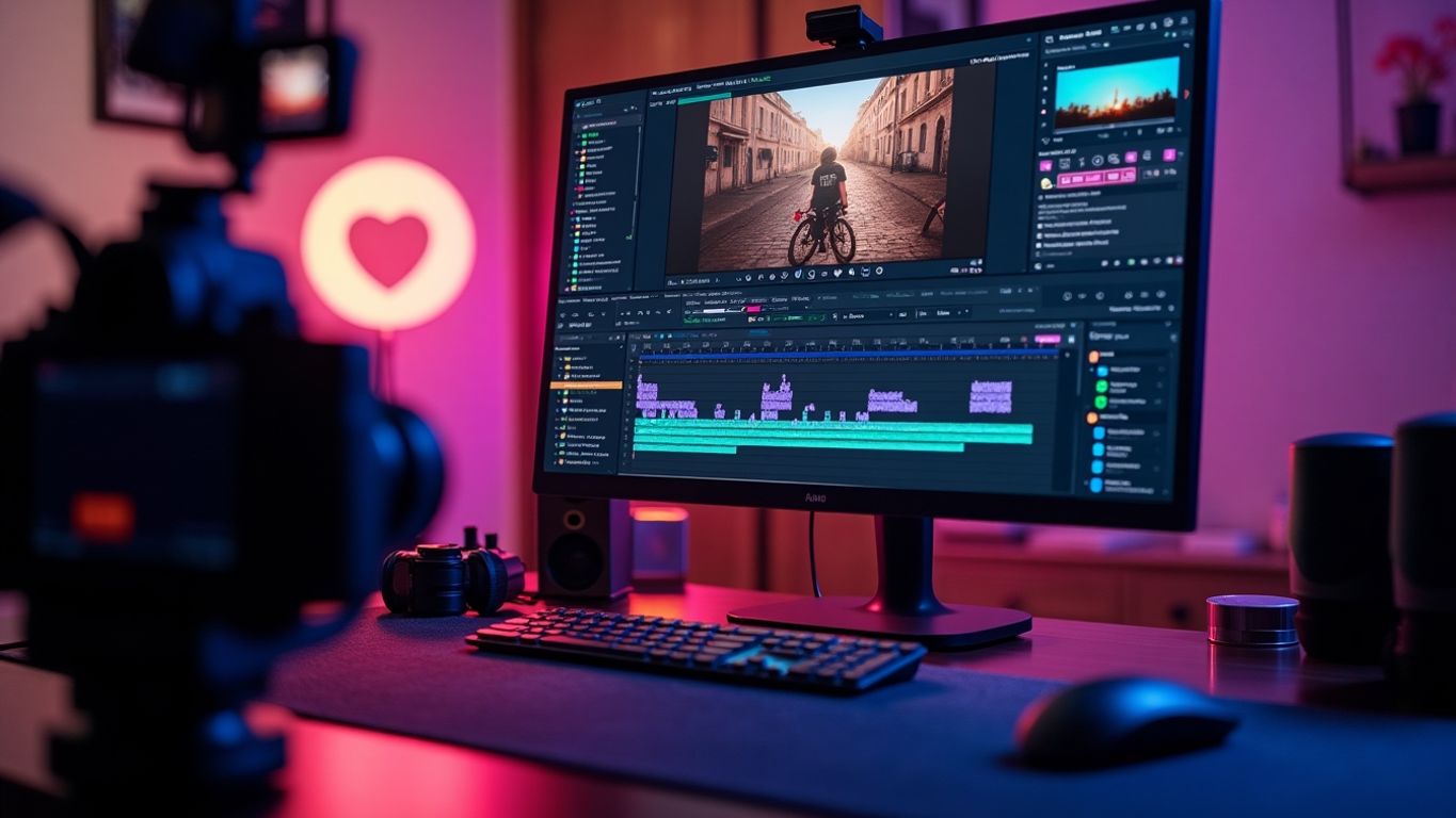 Video editing workspace with colorful software timeline and camera.