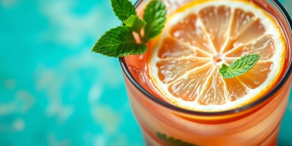 Refreshing drink with citrus and mint leaves on a table.
