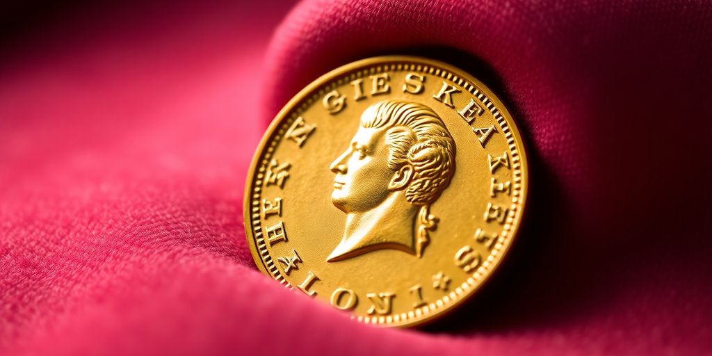 Monnaie Napoléon en or sur tissu en velours.