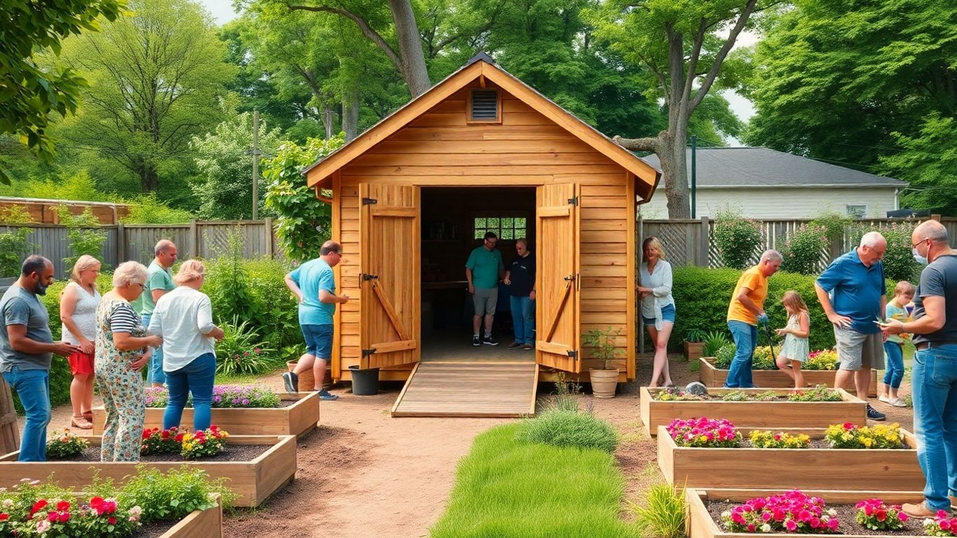Accessible garden shed in busy community garden with people
