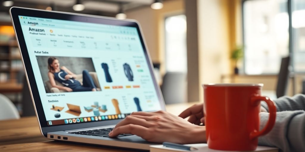 Person analyzing Amazon products on a laptop in office.