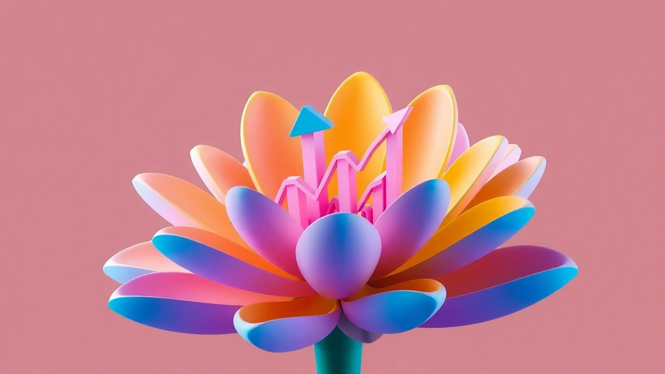 3D illustration of a blooming flower with trading symbols emerging.