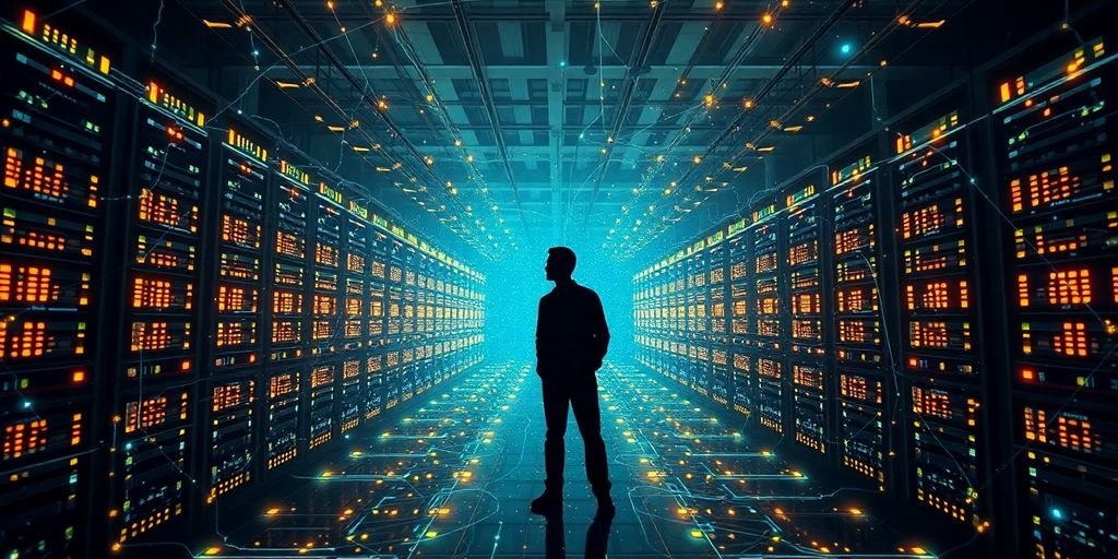 Sam Altman overseeing vast digital data centers.