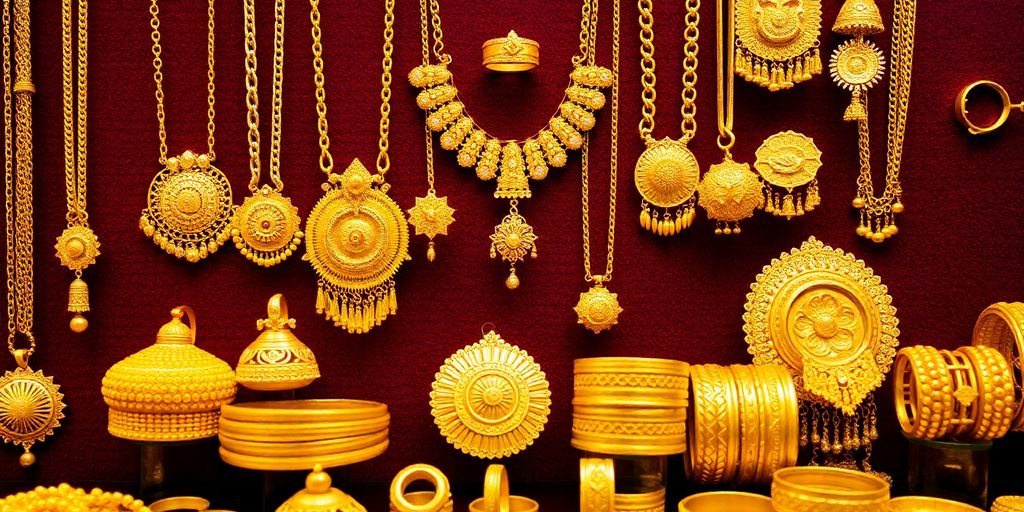 Bijoux en or variés sur fond texturé.